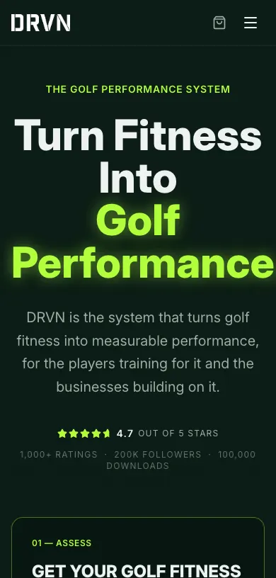 DRVN Golf website on a phone